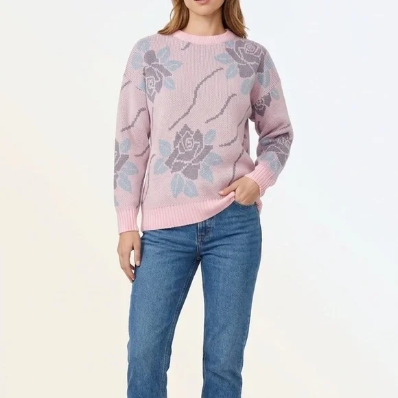 Pink & Gray Floral Print Crewneck Knit Sweater Size Medium - Picture 8 of 8
